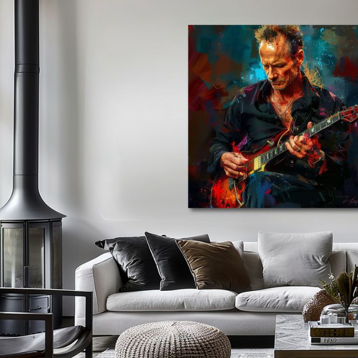 Ručne maľovaný obraz na plátne s motívom Sting - Kráľ Grammy v modro-červených odtieňoch, intenzívna atmosféra, rock and roll a kreativita | Obraz Sting - Kráľ Grammy – produkt