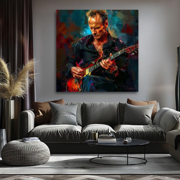 Ručne maľovaný obraz na plátne s motívom Sting - Kráľ Grammy v modro-červených odtieňoch, intenzívna atmosféra, rock and roll a kreativita | Obraz Sting - Kráľ Grammy – produkt, pohľad 2
