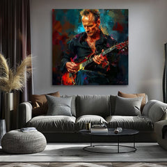 Ručne maľovaný obraz na plátne s motívom Sting - Kráľ Grammy v modro-červených odtieňoch, intenzívna atmosféra, rock and roll a kreativita | Obraz Sting - Kráľ Grammy – produkt, pohľad 2