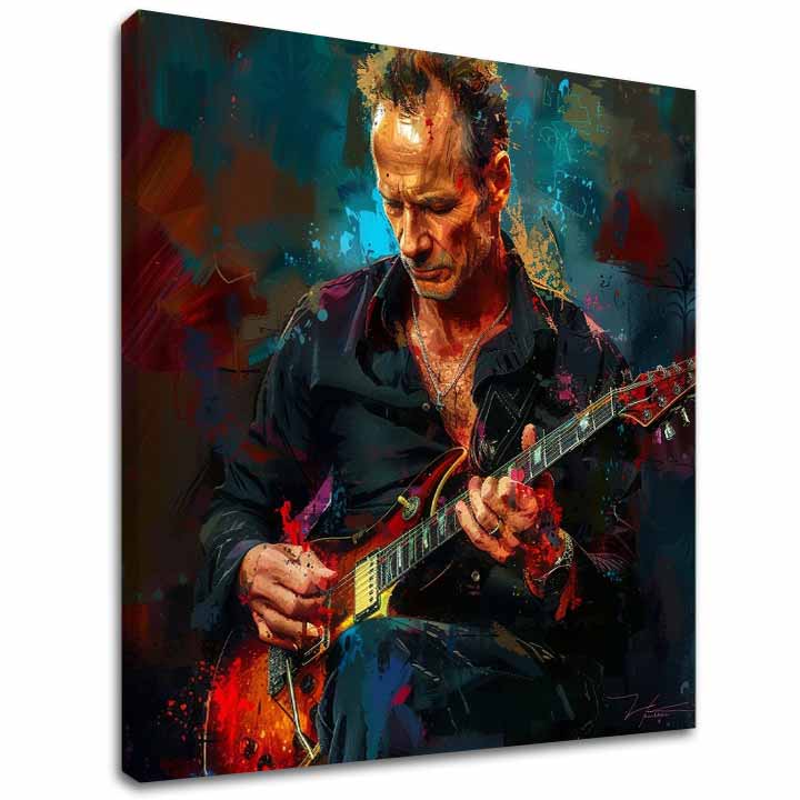 Ručne maľovaný obraz na plátne s motívom Sting - Kráľ Grammy v modro-červených odtieňoch, intenzívna atmosféra, rock and roll a kreativita | Obraz Sting - Kráľ Grammy – hlavný