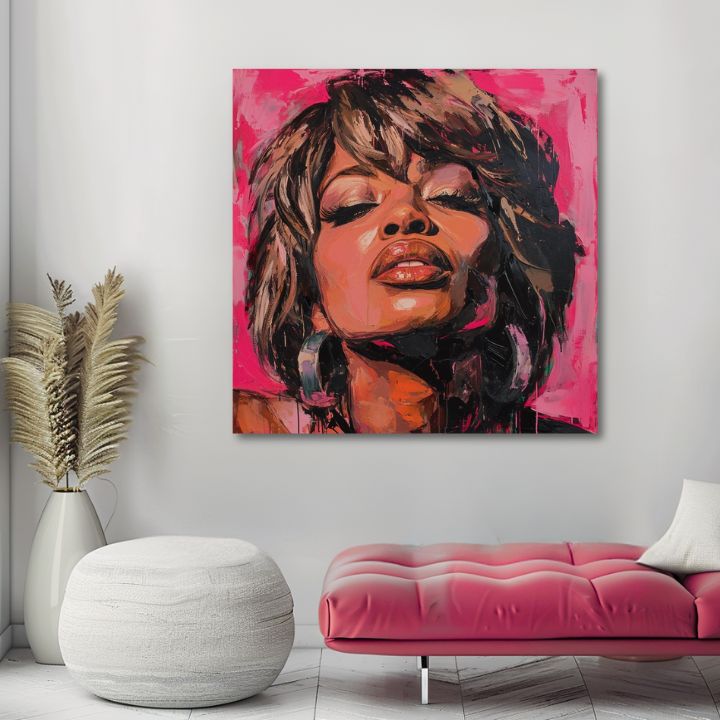 Ručne maľovaný obraz na plátne s motívom Tina Turner - Kráľovná rocku, slúchadlá v hnedých odtieňoch, zmyselná atmosféra, krása | Obraz Tina Turner - Kráľovná rocku – produkt