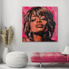 Ručne maľovaný obraz na plátne s motívom Tina Turner - Kráľovná rocku, slúchadlá v hnedých odtieňoch, zmyselná atmosféra, krása | Obraz Tina Turner - Kráľovná rocku – produkt