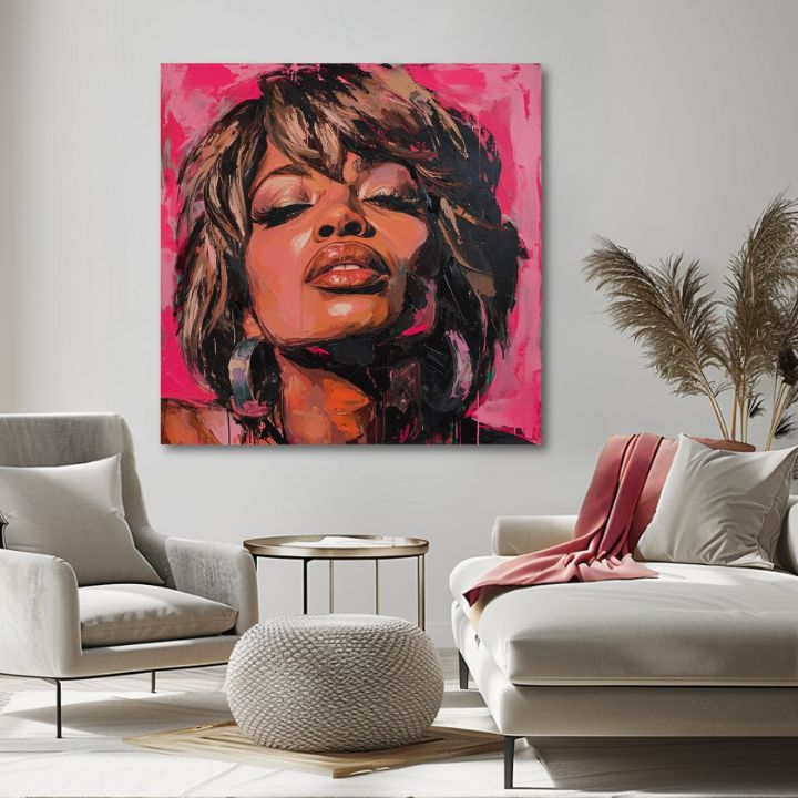 Ručne maľovaný obraz na plátne s motívom Tina Turner - Kráľovná rocku, slúchadlá v hnedých odtieňoch, zmyselná atmosféra, krása | Obraz Tina Turner - Kráľovná rocku – produkt, pohľad 2