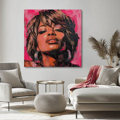 Ručne maľovaný obraz na plátne s motívom Tina Turner - Kráľovná rocku, slúchadlá v hnedých odtieňoch, zmyselná atmosféra, krása | Obraz Tina Turner - Kráľovná rocku – produkt, pohľad 2