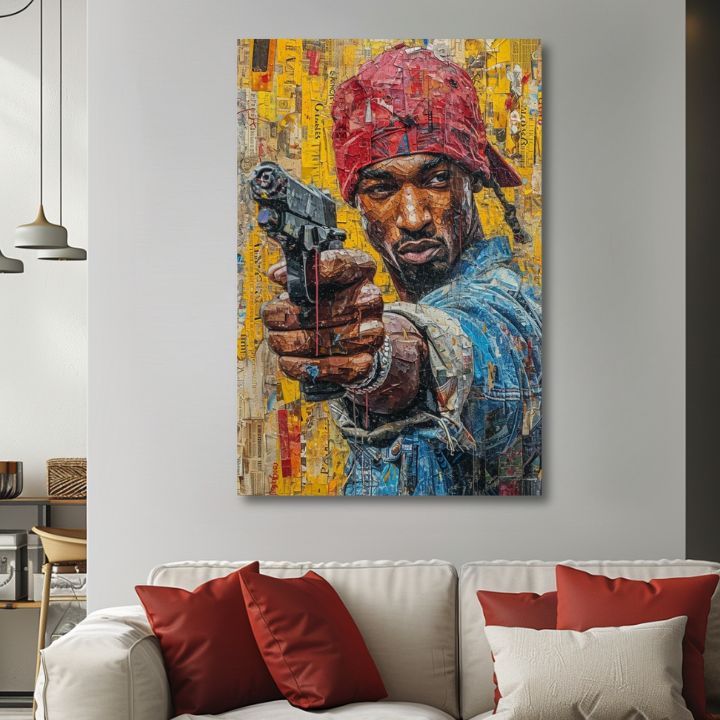 Ručne maľovaný obraz na plátne s motívom Tupac Shakur - Rapová gangster v žlto-červených odtieňoch, mestský život | Obraz Tupac Shakur - Rapová gangster – produkt
