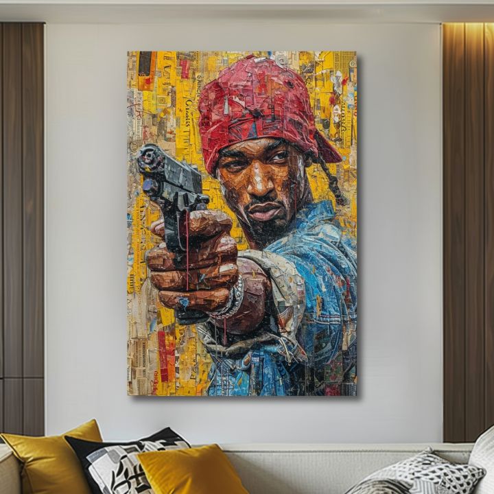 Ručne maľovaný obraz na plátne s motívom Tupac Shakur - Rapová gangster v žlto-červených odtieňoch, mestský život | Obraz Tupac Shakur - Rapová gangster – produkt, pohľad 2