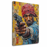 Ručne maľovaný obraz na plátne s motívom Tupac Shakur - Rapová gangster v žlto-červených odtieňoch, mestský život | Obraz Tupac Shakur - Rapová gangster – hlavný