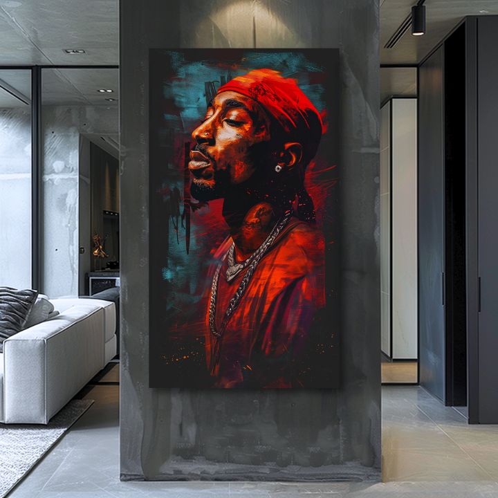 Ručne maľovaný obraz na plátne s motívom Tupac Shakur - Ikona za mikrofónom v červeno-čiernych odtieňoch, intenzívna atmosféra | Obraz Tupac Shakur - Ikona za mikrofónom – produkt, pohľad 2
