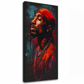Ručne maľovaný obraz na plátne s motívom Tupac Shakur - Ikona za mikrofónom v červeno-čiernych odtieňoch, intenzívna atmosféra | Obraz Tupac Shakur - Ikona za mikrofónom – hlavný