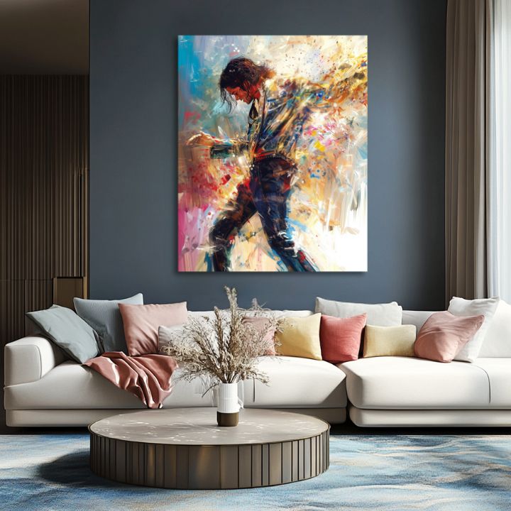 Moderný obraz na plátne s motívom Michael Jackson - Tanečná energia, tanečnica v bielo-modrých odtieňoch, energická atmosféra | Obraz Michael Jackson - Tanečná energia – produkt