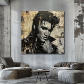 Moderný obraz na plátne s motívom Elvis Presley - Rockový génius v čierno-bielych odtieňoch, nostalgická atmosféra, hudobná história a sláva – produkt