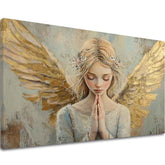 Ručne maľovaný obraz na plátne s motívom y anjelov Ranná modlitba, anjel v zlato-ružových odtieňoch, pokojná atmosféra, nádej | Obrazy anjelov Ranná modlitba – hlavný