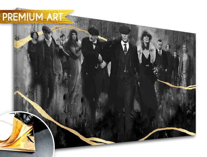 Ručne maľovaný obraz na plátne s motívom PREMIUM ART – Peaky Blinders rodina v sivo-zlatých odtieňoch, rodina a sila a moc, vhodný do obývačky – produkt