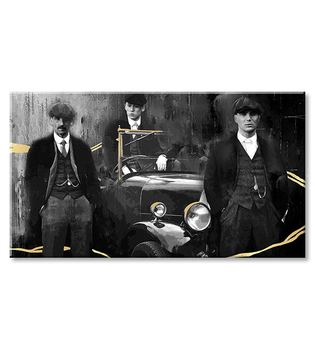 Ručne maľovaný obraz na plátne s motívom PREMIUM ART – Peaky Blinders bratia, automobil v sivo-zlatých odtieňoch, vhodný do obývačky | Obrazy na plátne - PREMIUM ART – Peaky Blinders bratia