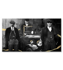 Ručne maľovaný obraz na plátne s motívom PREMIUM ART – Peaky Blinders bratia, automobil v sivo-zlatých odtieňoch, vhodný do obývačky | Obrazy na plátne - PREMIUM ART – Peaky Blinders bratia