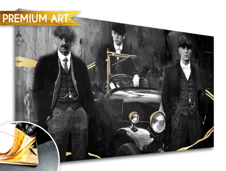 Ručne maľovaný obraz na plátne s motívom PREMIUM ART – Peaky Blinders bratia, automobil v sivo-zlatých odtieňoch, vhodný do obývačky | Obrazy na plátne - PREMIUM ART – Peaky Blinders bratia – hlavný
