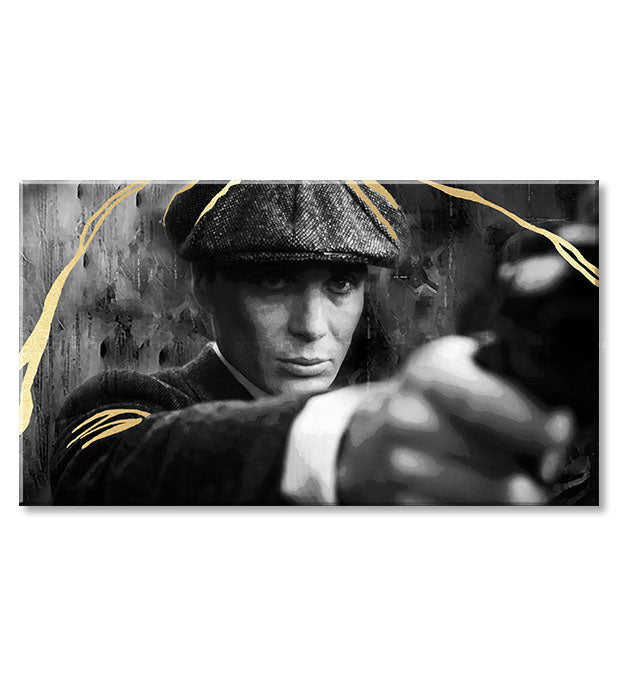 Ručne maľovaný obraz na plátne s motívom PREMIUM ART – Peaky Blinders Thomas Shelby v sivo-zlatých odtieňoch, intenzívna atmosféra | Obrazy na plátne - PREMIUM ART – Peaky Blinders Thomas..., pohľad 3