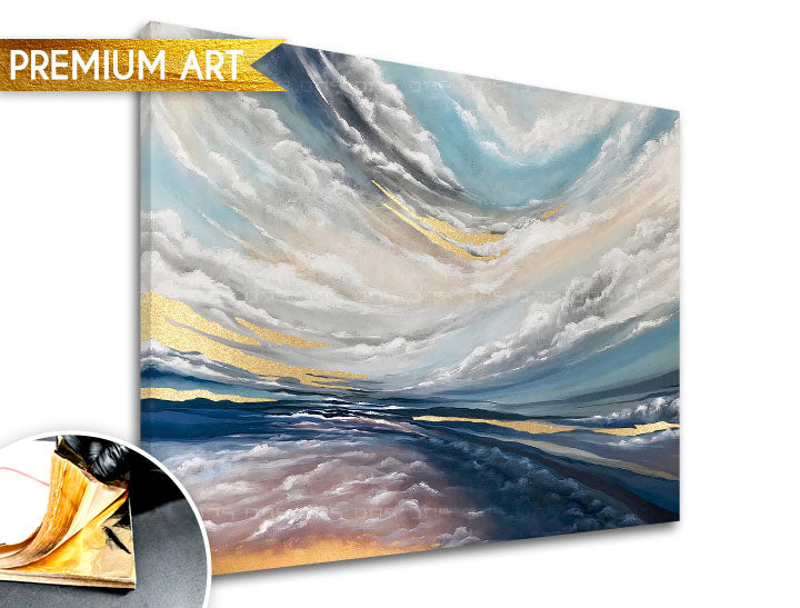 Ručne maľovaný obraz na plátne s motívom PREMIUM ART – V oblakoch, oblaky, obloha, krajina v bielo-modrých odtieňoch, éterická atmosféra, vhodný do spálne – produkt