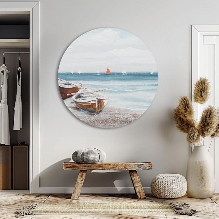 V boho štýle obraz na plátne s motívom oceán, pláž, obloha, krajina, more a pláž v bielo-béžových odtieňoch, pokojná atmosféra, vhodný do spálne – produkt