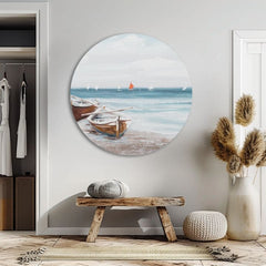 V boho štýle obraz na plátne s motívom oceán, pláž, obloha, krajina, more a pláž v bielo-béžových odtieňoch, pokojná atmosféra, vhodný do spálne – produkt