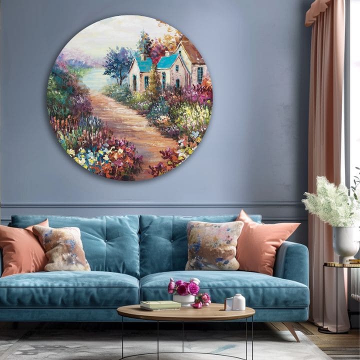 V boho štýle obraz na plátne s motívom stromy, kvety, náboženský motív, príroda v fialovo-modrých odtieňoch, pokojná atmosféra, vhodný do obývačky – produkt