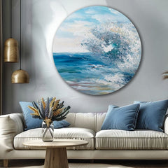 V boho štýle obraz na plátne s motívom oceán, vlny, obloha, more a pláž v bielo-modrých odtieňoch, energická atmosféra, príroda a sloboda, vhodný do spálne – produkt