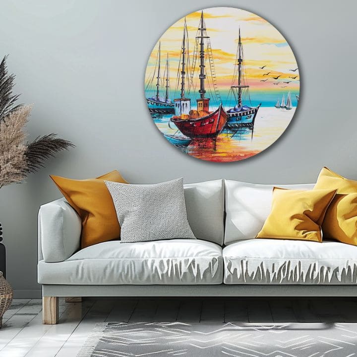 Pop art obraz na plátne s motívom oceán, obloha, krajina v modro-oranžových odtieňoch, pokojná atmosféra, vhodný do kuchyne | Okrúhly maľovaný obraz Nekonečná krása – produkt