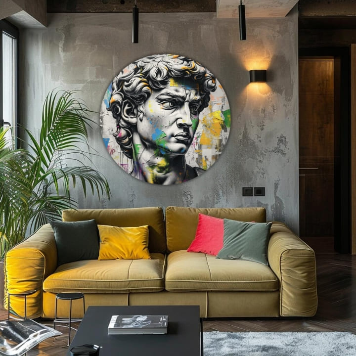 Pop art obraz na plátne s motívom Antický pohľad Davida v modro-ružových odtieňoch, intenzívna atmosféra, čas, vhodný do kancelárie | Okrúhle obrazy s akrylom Antický pohľad Davida – produkt