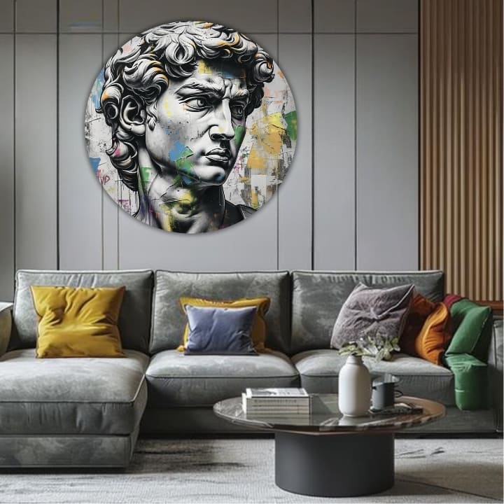 Pop art obraz na plátne s motívom Antický pohľad Davida v modro-ružových odtieňoch, intenzívna atmosféra, čas, vhodný do kancelárie | Okrúhle obrazy s akrylom Antický pohľad Davida – produkt, pohľad 2