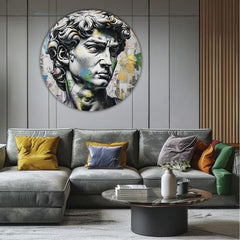 Pop art obraz na plátne s motívom Antický pohľad Davida v modro-ružových odtieňoch, intenzívna atmosféra, čas, vhodný do kancelárie | Okrúhle obrazy s akrylom Antický pohľad Davida – produkt, pohľad 2