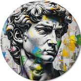 Pop art obraz na plátne s motívom Antický pohľad Davida v modro-ružových odtieňoch, intenzívna atmosféra, čas, vhodný do kancelárie | Okrúhle obrazy s akrylom Antický pohľad Davida – hlavný