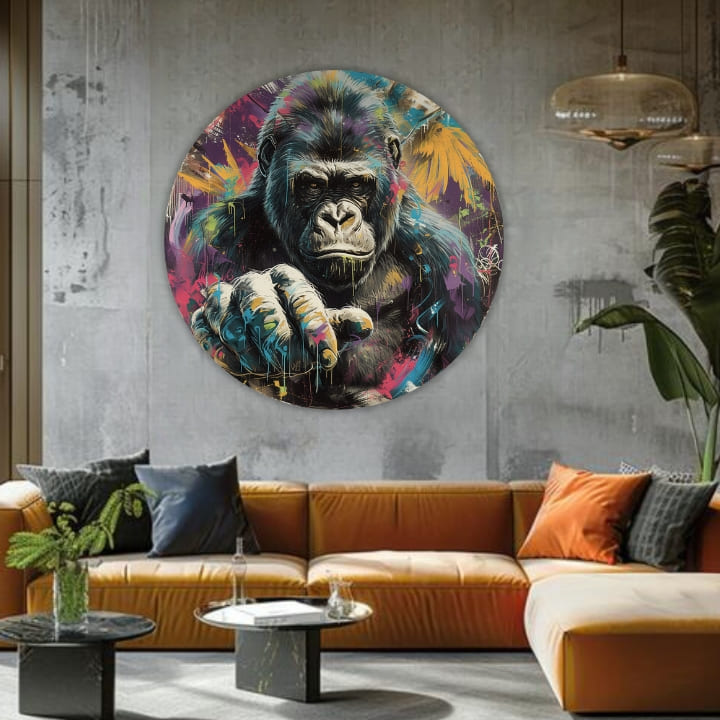 Pop art obraz na plátne s motívom Príbeh v očiach, krajina vo viacfarebných odtieňoch, intenzívna atmosféra, vhodný do kancelárie | Okrúhle obrazy s akrylom Príbeh v očiach – produkt