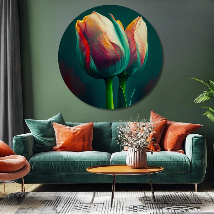 Pop art obraz na plátne s motívom Manželský sľub, tulipány, kvety, príroda v modro-oranžových odtieňoch, elegantná atmosféra, príroda a jarná atmosféra – produkt