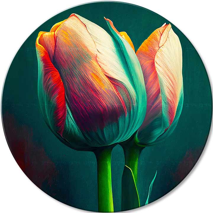 Pop art obraz na plátne s motívom Manželský sľub, tulipány, kvety, príroda v modro-oranžových odtieňoch, elegantná atmosféra, príroda a jarná atmosféra – hlavný