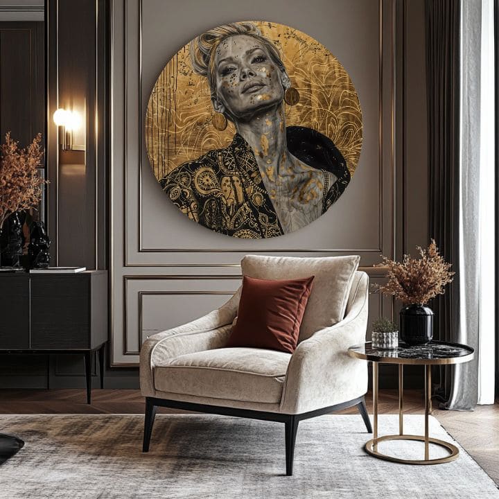 Ručne maľovaný obraz na plátne s motívom Kráľovský pohľad, zlaté akcenty v čierno-sivých odtieňoch, elegantná atmosféra, luxusný dojem a krása – produkt, pohľad 2