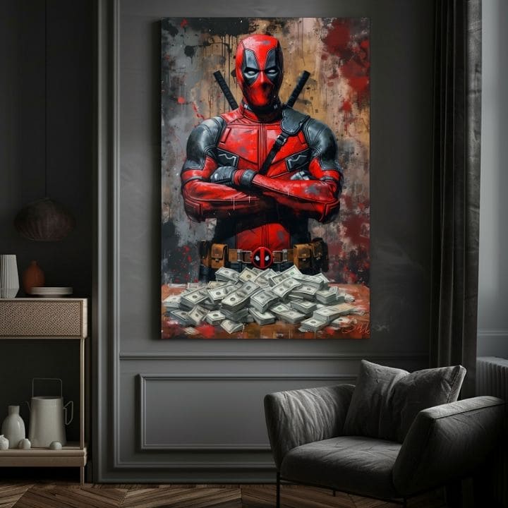 Moderný obraz na plátne s motívom Deadpool: Peniaze a chaos v čiernych odtieňoch | Obraz Deadpool: Peniaze a chaos, nástenná dekorácia – produkt, pohľad 2
