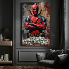 Moderný obraz na plátne s motívom Deadpool: Peniaze a chaos v čiernych odtieňoch | Obraz Deadpool: Peniaze a chaos, nástenná dekorácia – produkt, pohľad 2