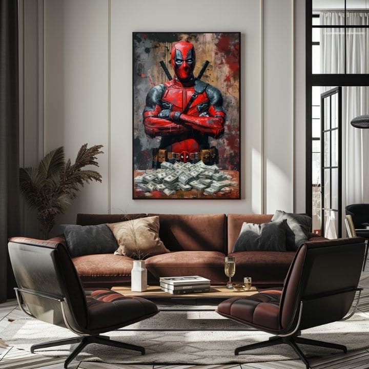 Moderný obraz na plátne s motívom Deadpool: Peniaze a chaos v čiernych odtieňoch | Obraz Deadpool: Peniaze a chaos, nástenná dekorácia – produkt, pohľad 3