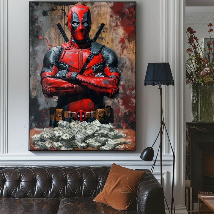 Moderný obraz na plátne s motívom Deadpool: Peniaze a chaos v čiernych odtieňoch | Obraz Deadpool: Peniaze a chaos, nástenná dekorácia – produkt, pohľad 4