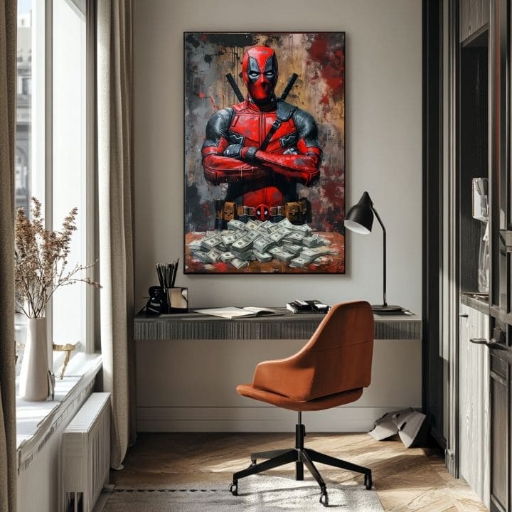 Moderný obraz na plátne s motívom Deadpool: Peniaze a chaos v čiernych odtieňoch | Obraz Deadpool: Peniaze a chaos, nástenná dekorácia – produkt, pohľad 5