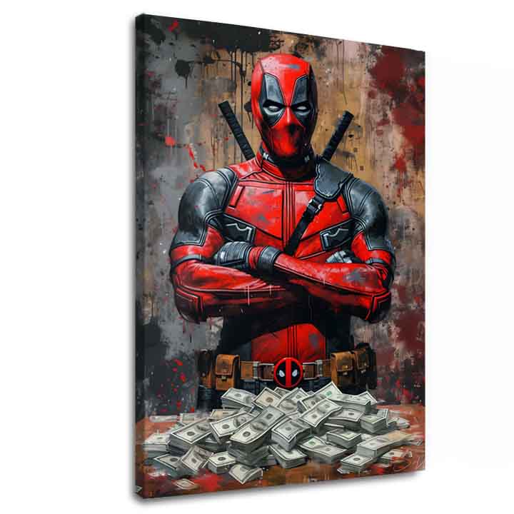 Moderný obraz na plátne s motívom Deadpool: Peniaze a chaos v čiernych odtieňoch | Obraz Deadpool: Peniaze a chaos, nástenná dekorácia – hlavný