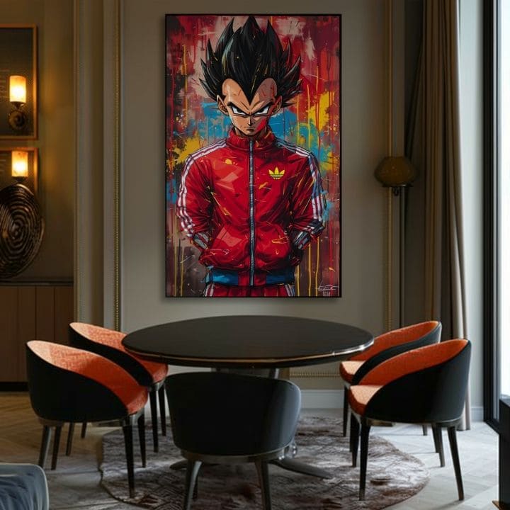 Ručne maľovaný obraz na plátne s motívom Saiyan: Sila bojovníka v červeno-čiernych odtieňoch, intenzívna atmosféra, popkultúra a sila a moc | Obraz Saiyan: Sila bojovníka – produkt