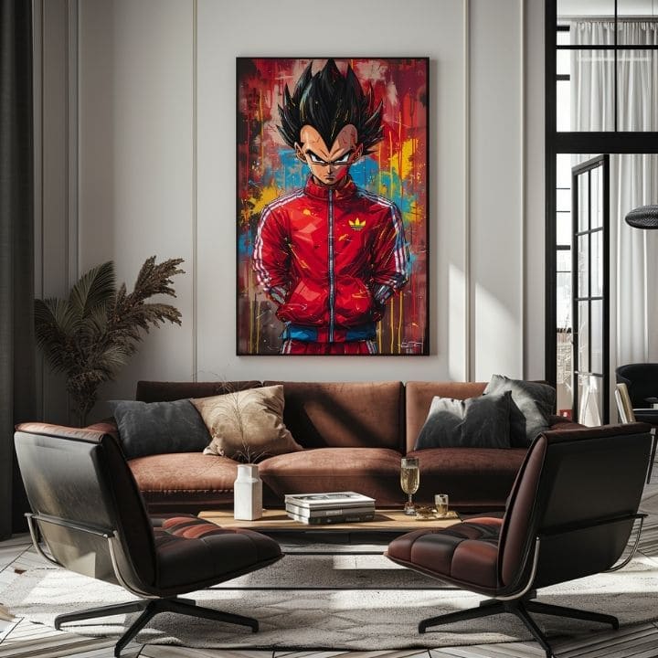 Ručne maľovaný obraz na plátne s motívom Saiyan: Sila bojovníka v červeno-čiernych odtieňoch, intenzívna atmosféra, popkultúra a sila a moc | Obraz Saiyan: Sila bojovníka – produkt, pohľad 3