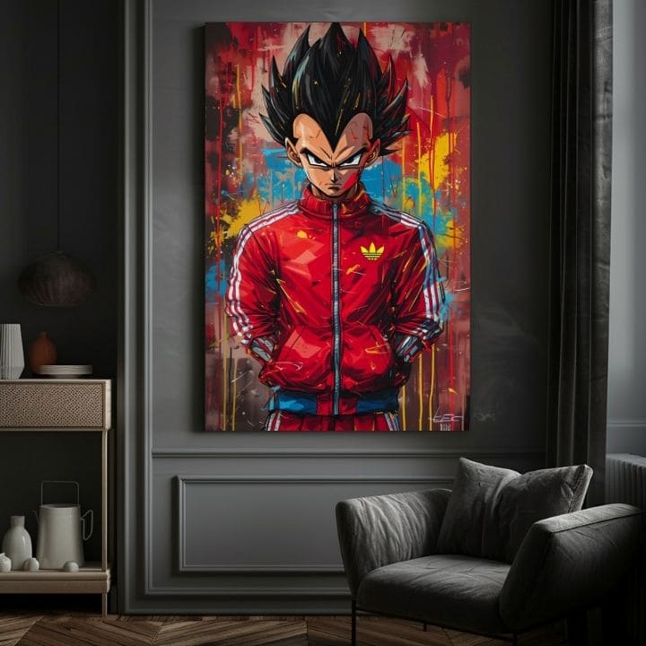 Ručne maľovaný obraz na plátne s motívom Saiyan: Sila bojovníka v červeno-čiernych odtieňoch, intenzívna atmosféra, popkultúra a sila a moc | Obraz Saiyan: Sila bojovníka – produkt, pohľad 4