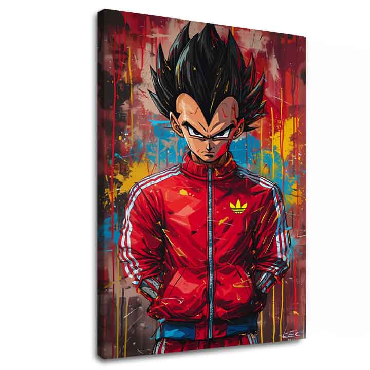 Ručne maľovaný obraz na plátne s motívom Saiyan: Sila bojovníka v červeno-čiernych odtieňoch, intenzívna atmosféra, popkultúra a sila a moc | Obraz Saiyan: Sila bojovníka – hlavný
