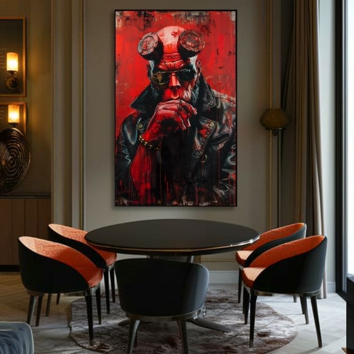 Moderný obraz na plátne s motívom Hellboy: Pekelný bojovník v čierno-sivých odtieňoch | Obraz Hellboy: Pekelný bojovník – produkt