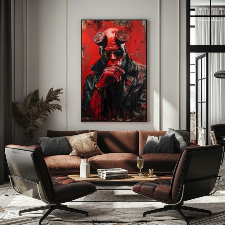 Moderný obraz na plátne s motívom Hellboy: Pekelný bojovník v čierno-sivých odtieňoch | Obraz Hellboy: Pekelný bojovník – produkt, pohľad 2
