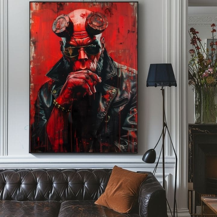 Moderný obraz na plátne s motívom Hellboy: Pekelný bojovník v čierno-sivých odtieňoch | Obraz Hellboy: Pekelný bojovník – produkt, pohľad 3