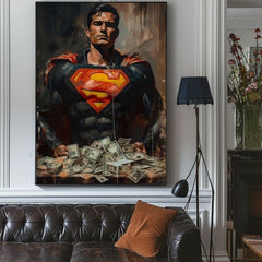 Ručne maľovaný obraz na plátne s motívom Superman: Muž peňazí v červeno-žltých odtieňoch, sila a moc | Obraz Superman: Muž peňazí – produkt