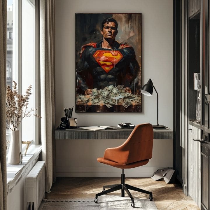 Ručne maľovaný obraz na plátne s motívom Superman: Muž peňazí v červeno-žltých odtieňoch, sila a moc | Obraz Superman: Muž peňazí – produkt, pohľad 2